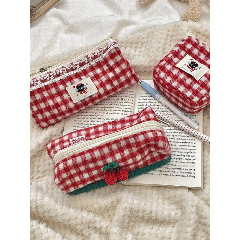 Wool Plaid Storage Bag Student Sanitary Bag Stationery Pencil Bag Large Capacity Multifunctional Cosmetic Bag - Image 2